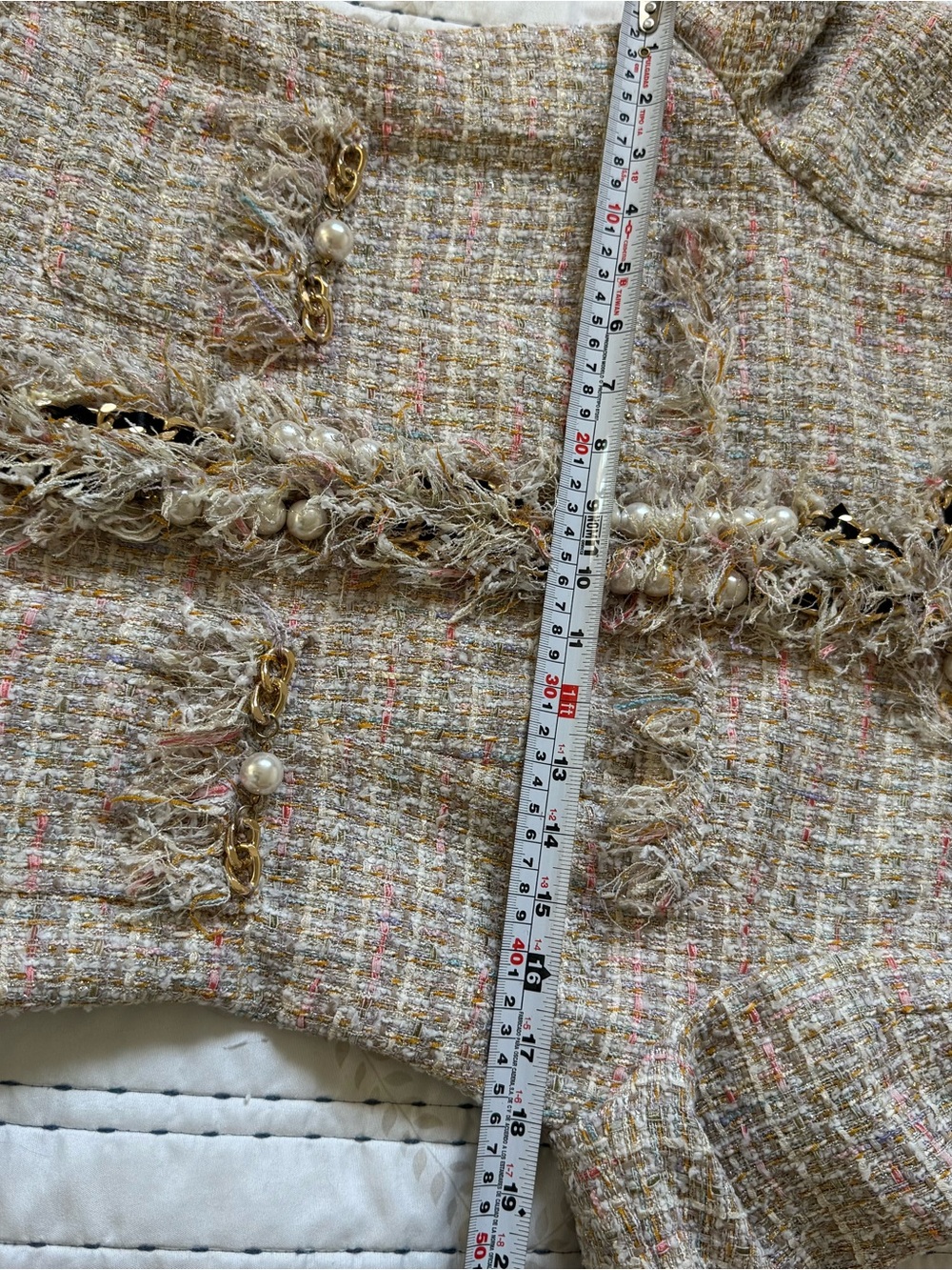 McGinn for Nordstrom Tweed Pearl Chain Fringe Jacket Blazer Size 8 Luxe Bouclé - Picture 9 of 12